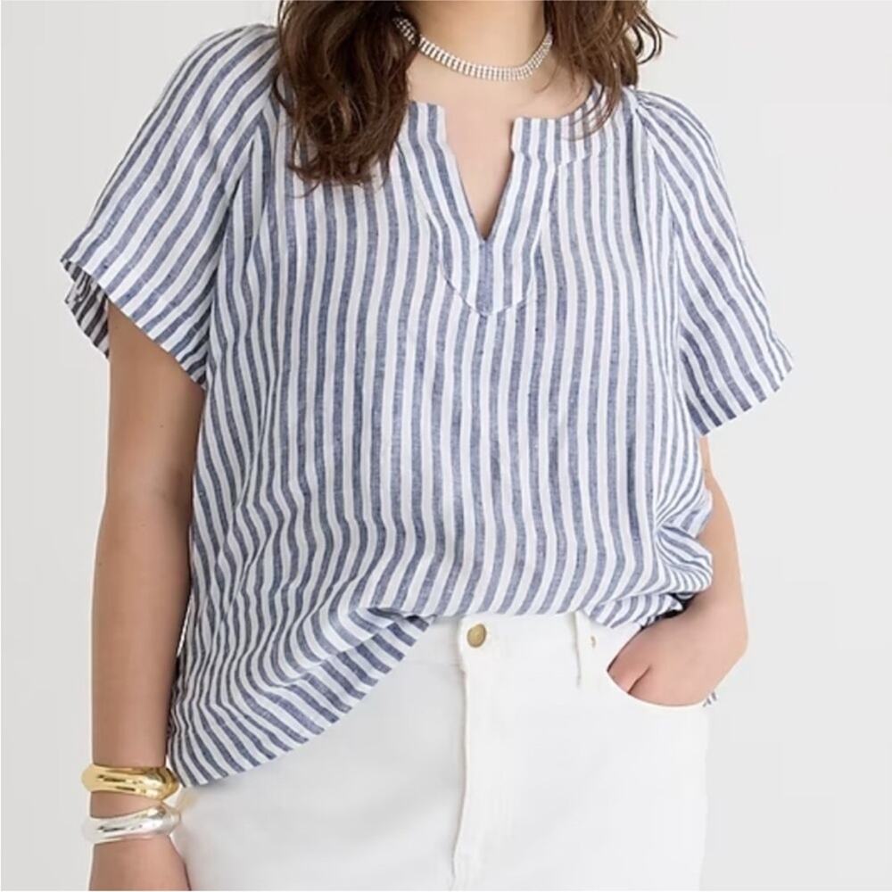 J. Crew Flutter-Sleeve 100% Linen V-Neck Popover Top Nautical Stripe - Size XS